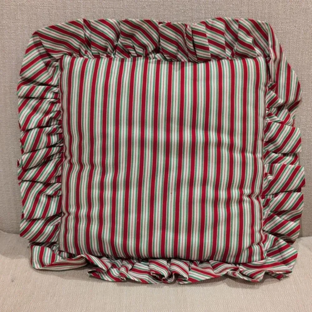 Handcrafted Festive Red and Green Ruffled Cross-stitch Holiday Pillows Set of 2